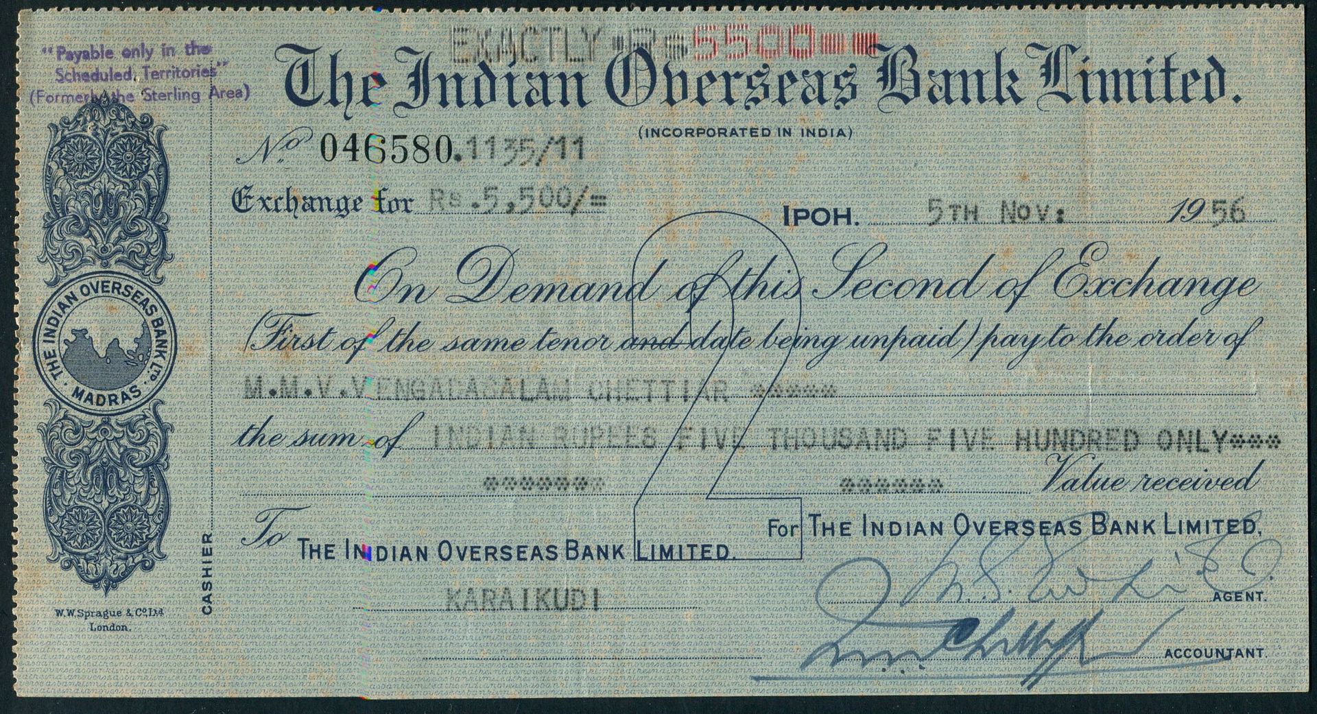 malaya india overseas bank 1956 ipoh check cheque